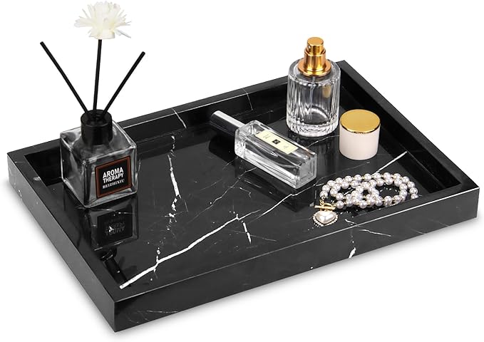 Marble Bathroom Vanity Tray, Natural Luxury Vanity Home Kitchen Bathroom Table Tray, Stone Decorative Countertop Dresser Trays for Key Coffee Perfume Jewelry Makeup (Black Marquina, 12"x 8" x1.2")