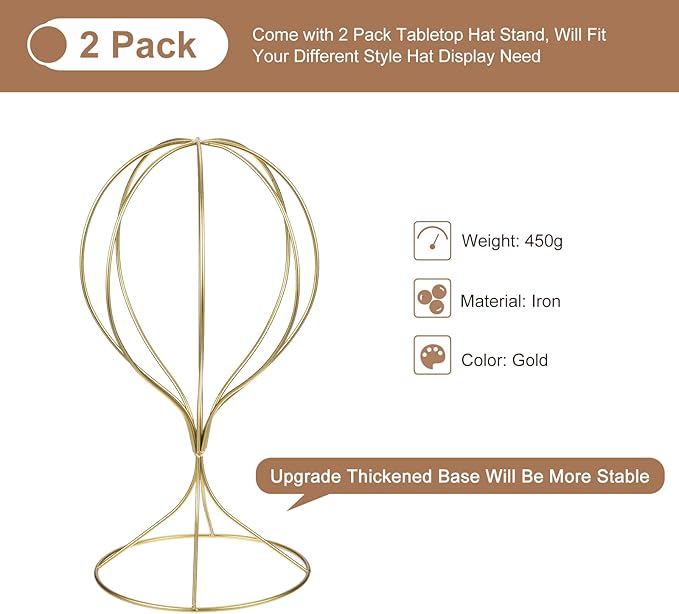 uxcell Metal Hat Display Stand 2 Pack Tabletop Hat and Wig Rack Modern Women Closet Holder for Baseball Cap, Fedora Hat, Cowboy Hat - Gold