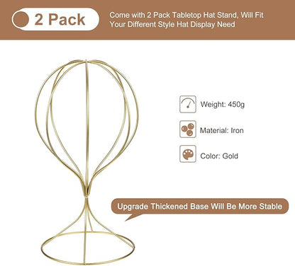 uxcell Metal Hat Display Stand 2 Pack Tabletop Hat and Wig Rack Modern Women Closet Holder for Baseball Cap, Fedora Hat, Cowboy Hat - Gold