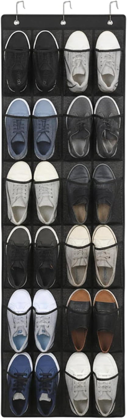 Shoe Rack for Door, Shoe Hanger for Door 24 Mesh Pocket Over The Organizer Space Saving Hanging Storage Holder with Hooks 64x19 Inch Black, Hanging Organizer