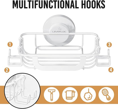 LEVERLOC Soap Holder Dish with Hooks for Shower, Bar Suction Cup Soap Tray Wall Mounted, Rustproof Stainless Steel Sponge Holder Caddy for Bathroom Bathtub Kitchen Sink, White
