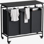 LINZINAR 3 Bag Laundry Basket Sorter Heavy Duty Rolling Lockable Wheels Laundry Hamper Cart with Ironing Board and Removable Bags, Black