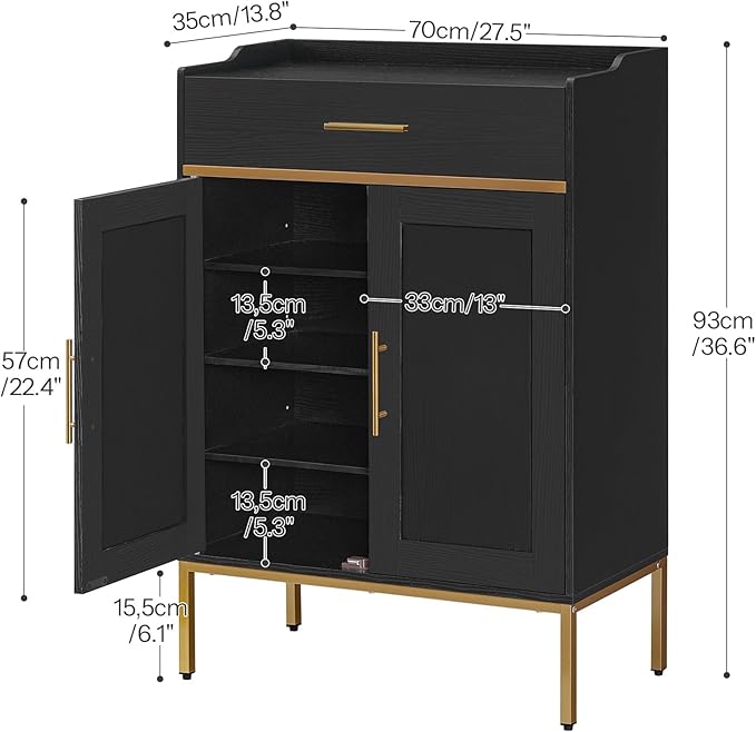 HOOBRO Shoe Cabinet with Doors and Drawer, Holds 12–18 Pairs, Large Capacity Shoe Storage Cabinet with Adjustable Shelves, Freestanding Wooden Shoe Organizer for Entryway, Black DB14SC01