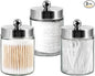 3PC Apothecary Jar Canisters Bathroom Vanity Organizer - Qtip Holder Storage Countertop & Stainless Steel Lids &Cute Stickers for Qtips,Cotton Swabs,Makeup Sponges,Floss (Brushed Nickel)