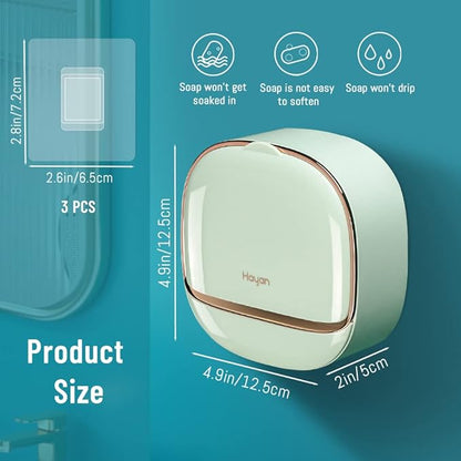 Luxury Soap Holder with Drain Tray, Waterproof Soap Dish Holder, Keep Soap Bars Dry, Adhesive Soap Case Box Wall Mounted for Shower, Bathroom, Bathtub, Mint Green