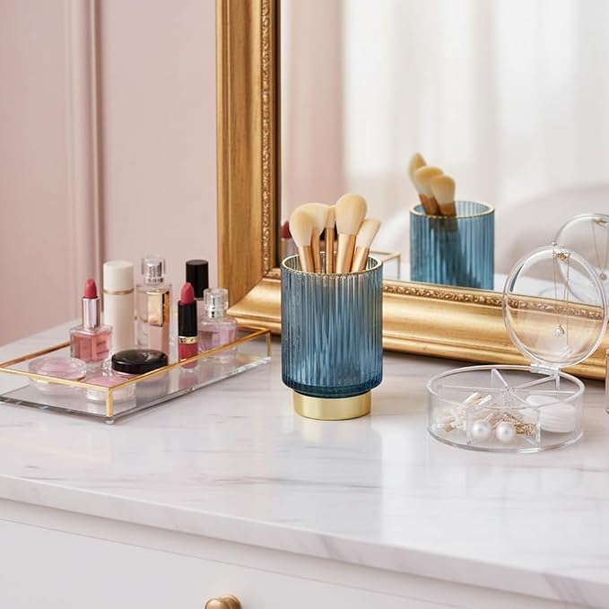 Glass Makeup Brush Holder, Blue Makeup Brush Holder for Vanity, Toothbrush Holders for Bathrooms, Desktop Makeup Organizer for Cosmetic, Brushes, Pen, Pencil