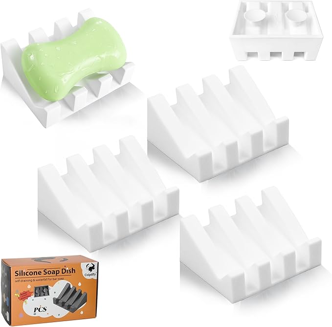 Soap Dish Holder for Shower with Suction Cup, Silicone Soap Holder & Saver Self-Draining Bar Soap Dish Keeps Soap Dry for Bathroom, Kitchen, Bathtub, Extends Soap Life (White-4Pack)