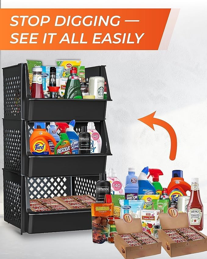 TidyFriend 6 Pk Large Stackable Storage Bins Open Front for Pantry Organizers and Storage, Pantry Storage for Food, Kitchen and Home Organization, Plastic Storage Bins, Dorm Room Essentials (Black)