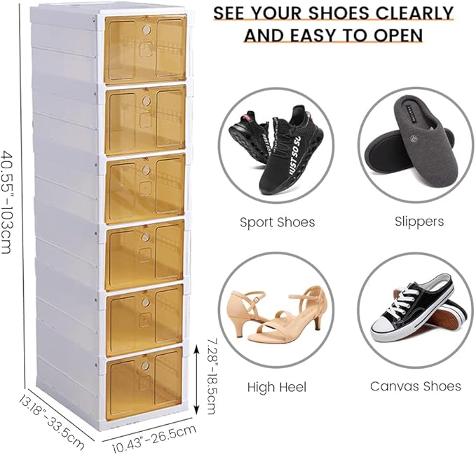 Plastic Shoe Boxes with Lids, Stackable Shoe Boxes Ideal for Kids Men Women, Harder Shoe Storage Boxes, Solid Construction and Quality Appearance, Foldable, Easy Assembly (6 Layer)
