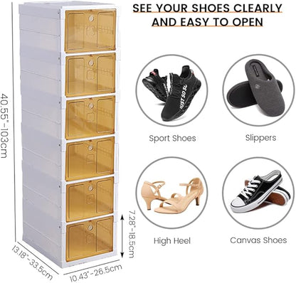 Plastic Shoe Boxes with Lids, Stackable Shoe Boxes Ideal for Kids Men Women, Harder Shoe Storage Boxes, Solid Construction and Quality Appearance, Foldable, Easy Assembly (6 Layer)