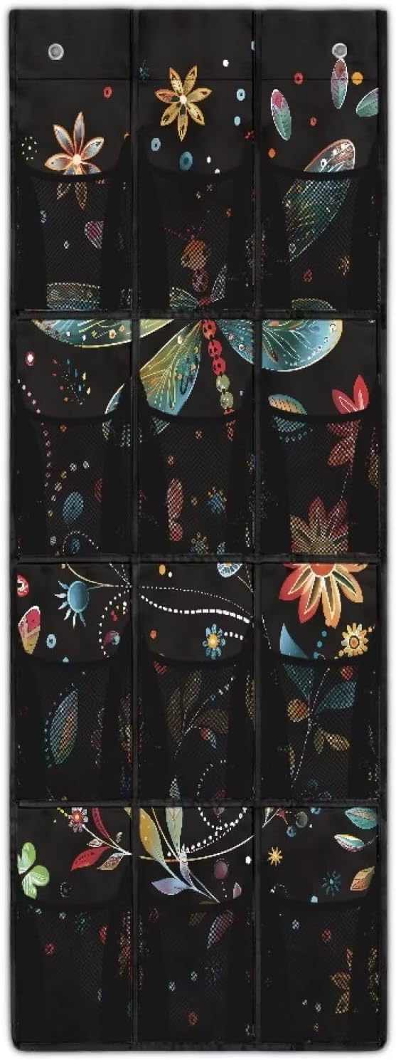 Dragonflies Behind Door Organizer 12 Pockets Over The Door Organizer for Closet Flowers Multi-Pocket Organizer Easy to Install Shoe Holder Hanger for Dorm Room