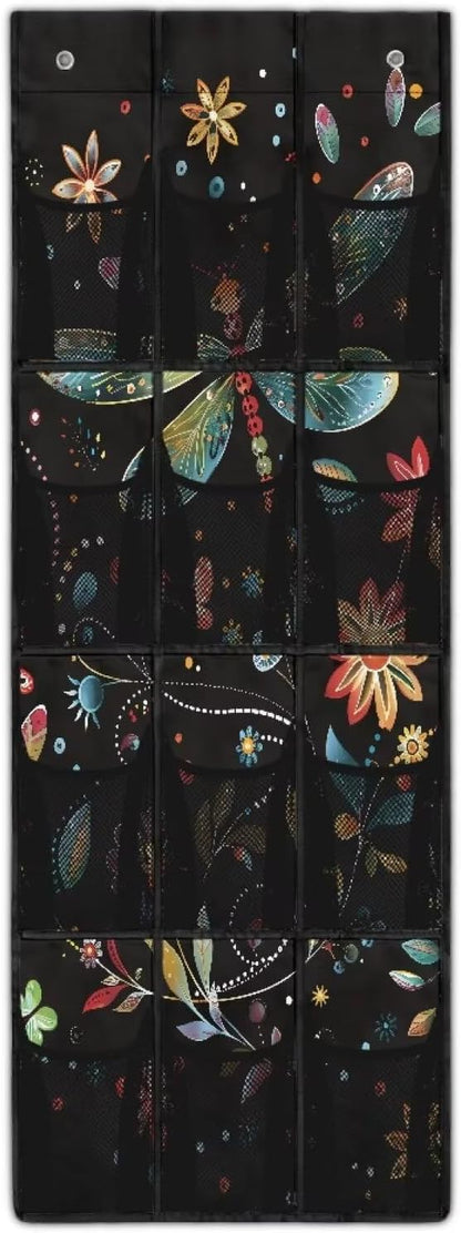 Dragonflies Behind Door Organizer 12 Pockets Over The Door Organizer for Closet Flowers Multi-Pocket Organizer Easy to Install Shoe Holder Hanger for Dorm Room