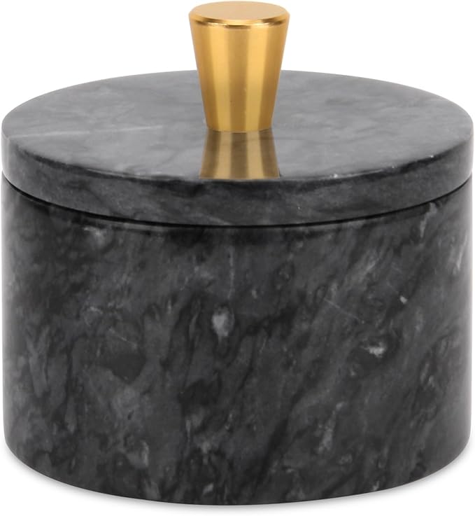 Marble Salt Cellar with Lid, 4 inch Natural Stone Salt Pepper Box, Alloy Lid for Kitchen Countertop Storage (Dark Grey, 4 * 3.5)