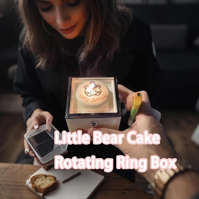 Little Bear Cake Rotating JewelryBox for Proposal - Rotating Ring Box Engagement Ring Box, Surprise Box Ring Bearer Box, necklace box for Birthday,Necklace Holder with Fabric Interior (white)