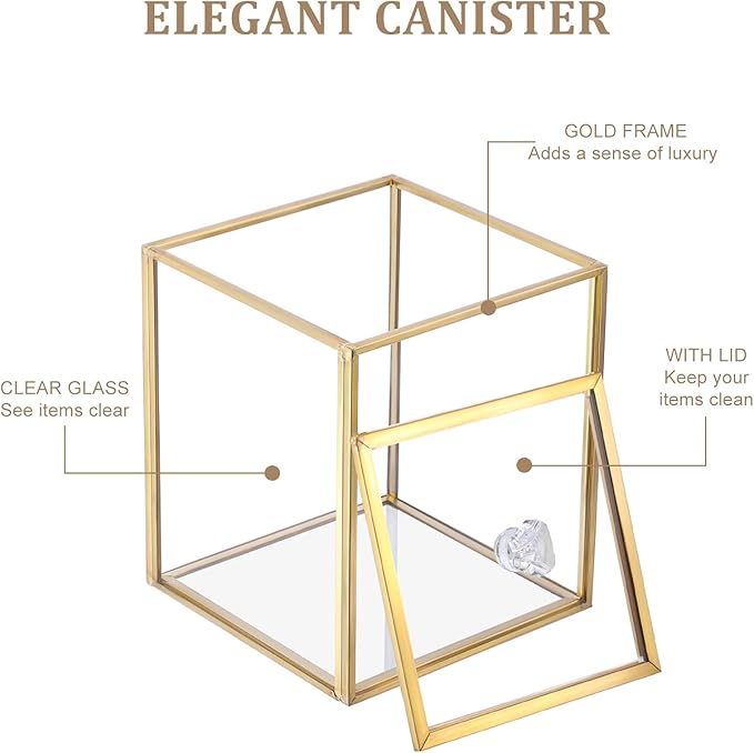 Hipiwe Gold Glass Vanity Box Vintage Apothecary Jars with Lids Cotton Pad Dispenser Qtip Holder Cotton Ball Swab Round Organizer Bathroom Canister Storage Jar for Q-tip, 3.9" L x 3.9" W x 4.7" H