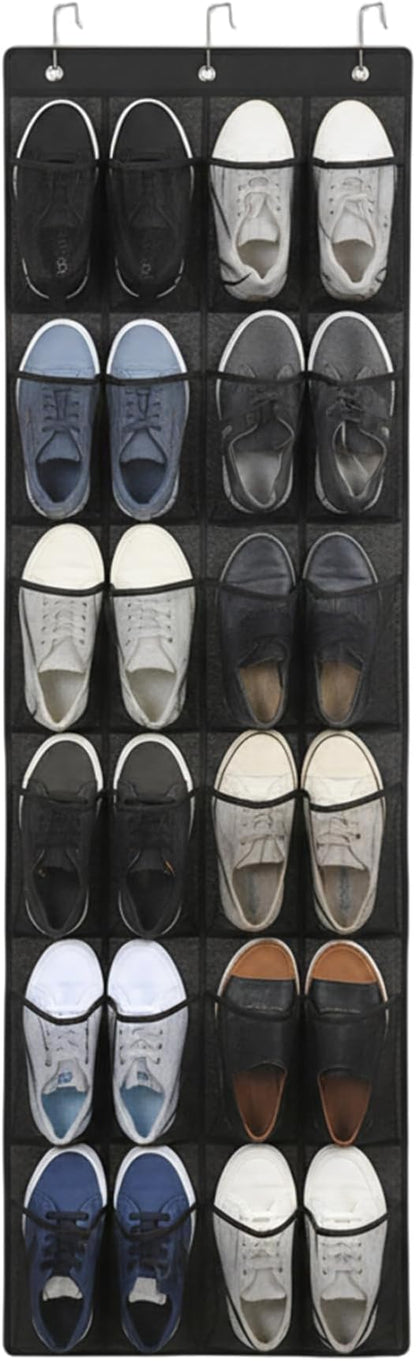 Black Shoe Hanger for Door 24 Mesh Pocket Over the Door Shoe Organizer Space Saving Hanging Storage Holder with Hooks 64x19 Inch