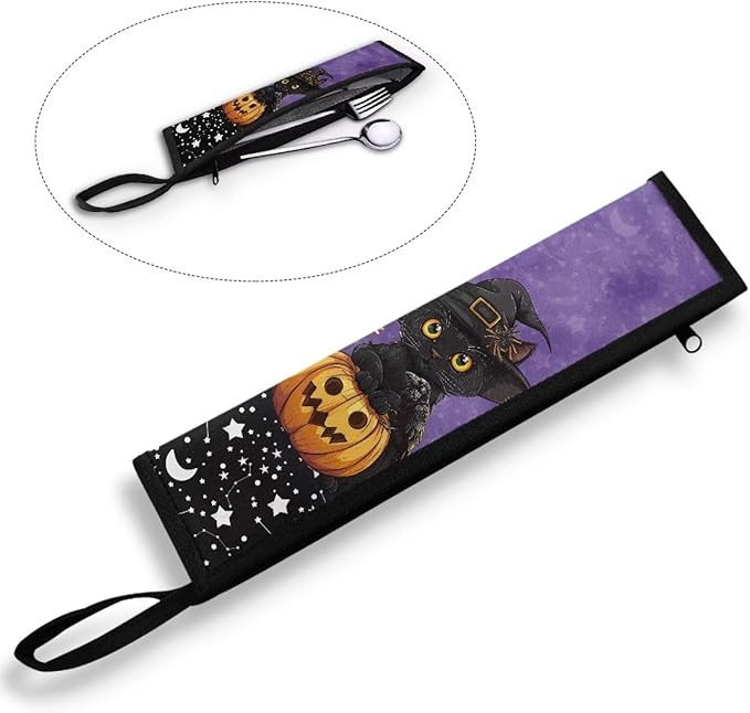COEQINE 11.8 x 2.7 inch Halloween Utensil Case Holder for Portable Lightwieght Leafproof Travel Accessories Case Black Cats Pumpkin Themes Fork Spoon Knife