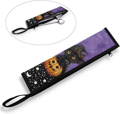 COEQINE 11.8 x 2.7 inch Halloween Utensil Case Holder for Portable Lightwieght Leafproof Travel Accessories Case Black Cats Pumpkin Themes Fork Spoon Knife