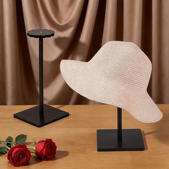 OLYCRAFT 2Pcs Black Wooden Hat Display Stand with Square Base Vintage Wooden Hat Holder Solid Wood Hats Holder Stand Rack Tabletop Helmet Stand Tabletop Hats Display Rack for Home Store Shelf Decor