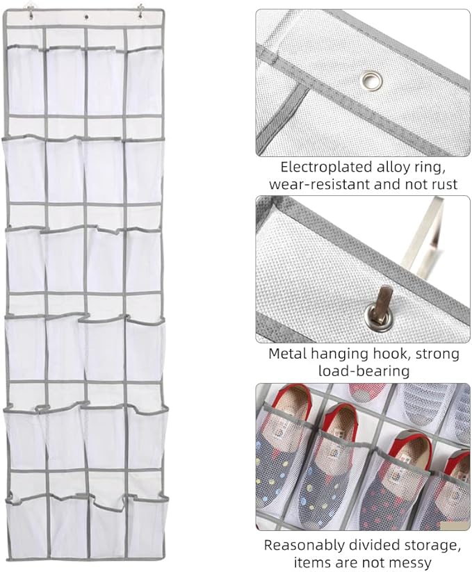 HURRISE 2Pcs 24 Large Pockets Over The Door Shoe Organizer, Hanging Shoe Organizer Holds Up to 40 lbs with 24 Mesh Large Pockets Door Shoe Rack Organizer for Door Mesh Closet Shoe Holder Hanger