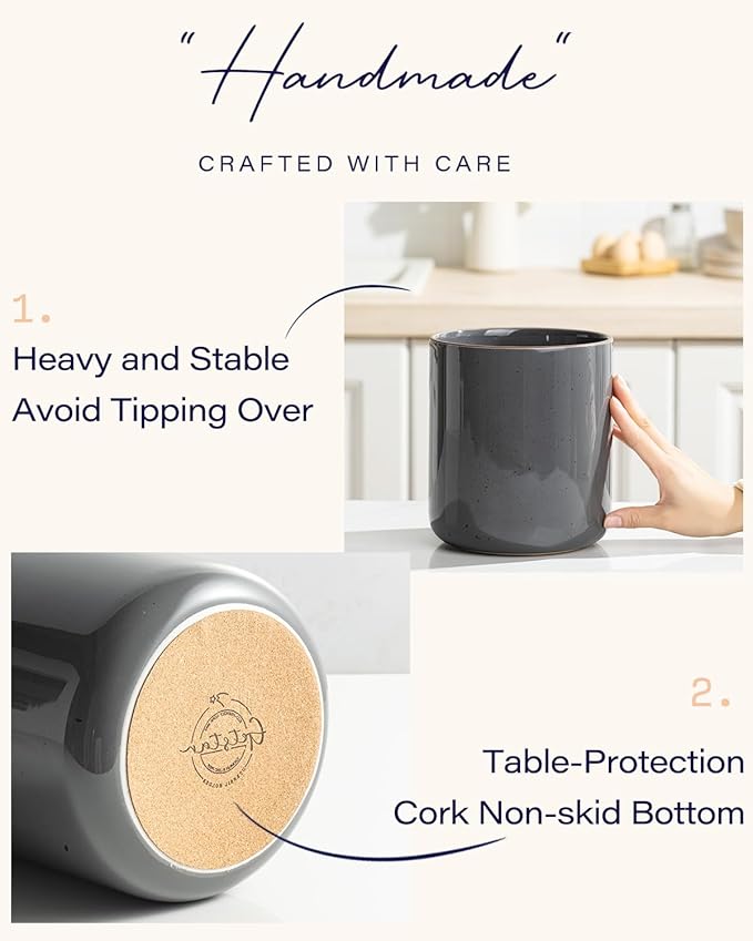 getstar Large Utensil Holder for Kitchen Counter,7.2" Grey Ceramic Utensils Crocks Utensil Organizer for Spatula Farmhouse Kitchen Decor
