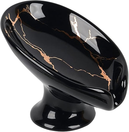 Soap Dish, Ceramic Soap Holder Self Draining Leaf Shape Bar Soap Holder, Marble Look Black Drain Soap Dish Holder for Bathroom, Easy to Clean Keeps Soap Dry, ANTIS'S HOME