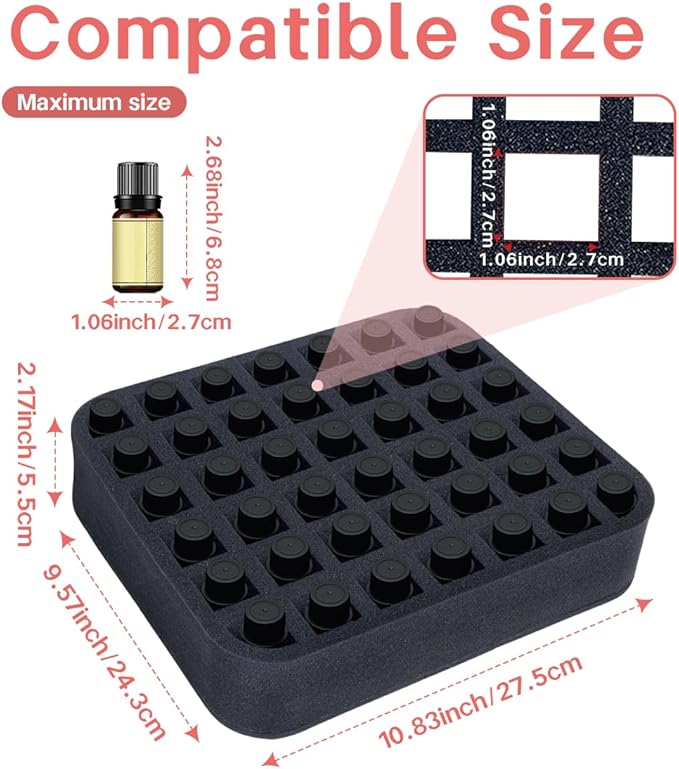Essential oils Organizer Holder Foam Pad with Slots, Holds 42 bottles of 10ml、15ml Bottles, Removable Dividers，Black