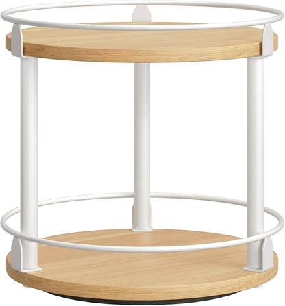 YATINEY Lazy Susan Organizer, Rotating Spice Rack, 2 Tier Spice Turntable Organizer, Industrial Turntable Spice Holder, for Kitchen Countertop, Compact and Versatile, White and Natural SR22WN