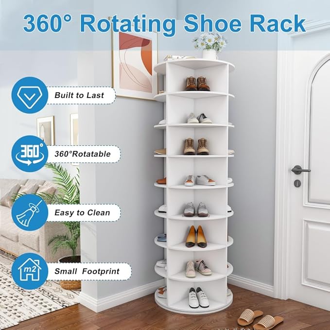 Shoe Organizer 8-Tier Spinning Shoe Rack - 360° Rotating Storage Organizer for 20-32 Pairs, Space Saving Narrow Design for Entryway/Closet Closet Handbag Display Rotate (White-8)