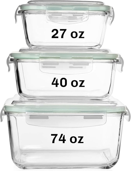 Razab 6 PC Square Glass Food Storage Containers with Airtight lids (74, 40 & 18 oz) Kitchen Glass Meal Prep Containers Set for Freezer Reusable Leftover Lunch Boxes, Oven, Microwave, Dishwasher Safe