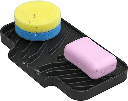 Sponge Holder for Kitchen Sink, Dish Sponge Holder & Soap Tray with Drain, Bathroom Sink Sponge Drying Rack & Perfect Organizer for Dispenser,Bottle,Cup on Sinks or Counter(8"x 4"Black)