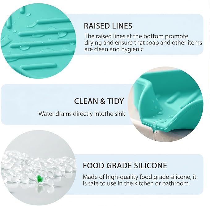 MicoYang Silicone Bathroom Soap Dishes with Drain Spout-Bathroom and Kitchen Sink Organizer,Sponge Holder,Dish Soap Tray,Perfect for Dispenser,Scrubber,Bottle,Cup on Sink or Counter-Mint 4.9"×3.2"