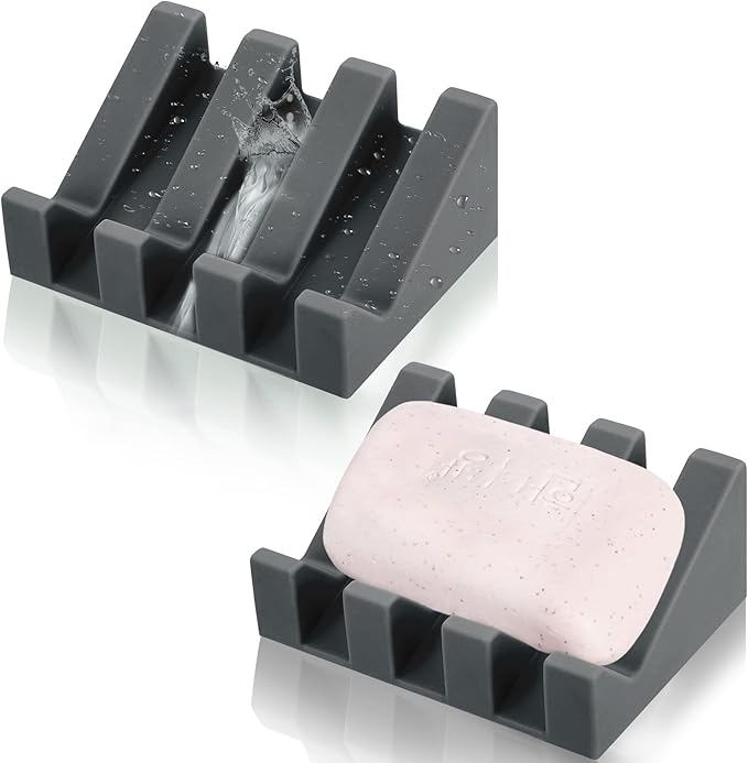 Cunhill 2 Pieces Silicone Soap Dish Self Draining Soap Dish Shower Waterfall Bar Soap Holder Tray with Drain Soap Saver for Kitchen Bathroom Accessories (Dark Grey)