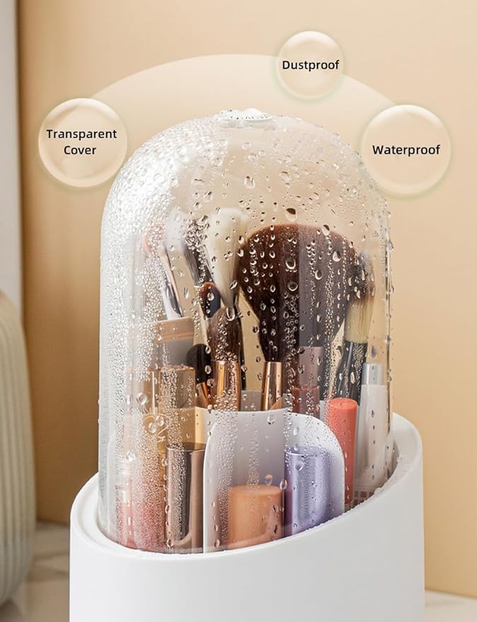 Fantasee 360° Rotating Makeup Brush Organizer, 7-Compartment Storage with Transparent Dustproof Cover, Cosmetic Tools Storage Holder for Bathroom Vanity Countertop (Classic White, Cylindrical)