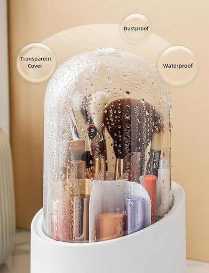 Fantasee 360° Rotating Makeup Brush Organizer, 7-Compartment Storage with Transparent Dustproof Cover, Cosmetic Tools Storage Holder for Bathroom Vanity Countertop (Classic White, Cylindrical)