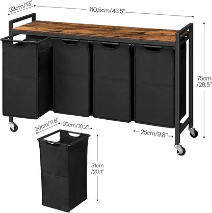 HOOBRO Laundry Sorter 4 Sections, Laundry Hamper with Wheels, 4 × 10.5 Gal (40 L), Rolling Laundry Basket, Pull-Out and Removable Oxford Fabric Bags, Rustic Brown and Black BF04XY01