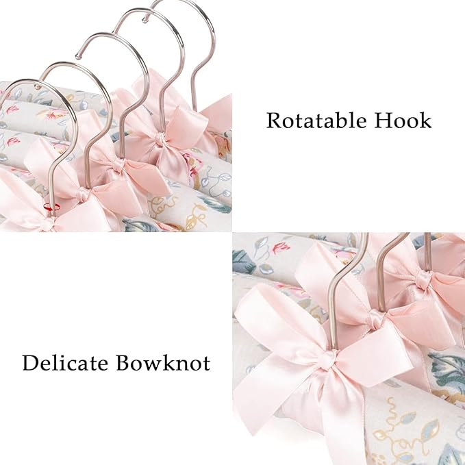 Decorative Padded Clothes Hangers, Floral Pattern with Satin Bow, Set of 5 (Rose)