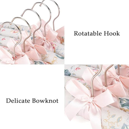 Decorative Padded Clothes Hangers, Floral Pattern with Satin Bow, Set of 5 (Rose)