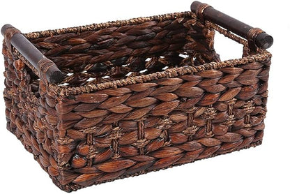 Storage Basket made by Water Hyacinth with Wood Handles, Arts and Crafts. (RectangleA-Medium)