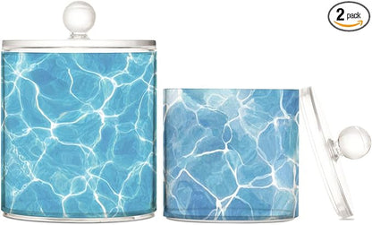 2 Pack Qtip Dispenser Apothecary Jars with Lids Cotton Round Holder Bathroom Canisters for Cotton Swab Floss Ball Pads Clear Plastic Decorative Summer Blue Pool Ripples