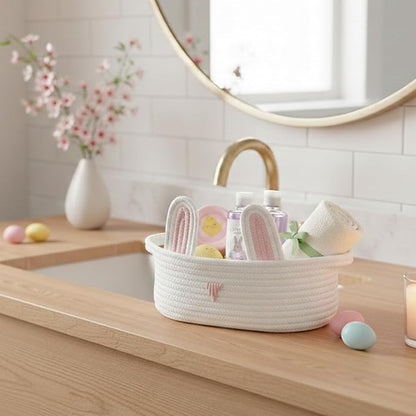ShellKingdom Storage Basket with Handles, Empty Cute Rabbit Gift Basket with Gift Bags and Ribbon, Small Woven Baskets for Home, Nursery Organizer, 12 X 8 X 5 INCH, Easter White Pink