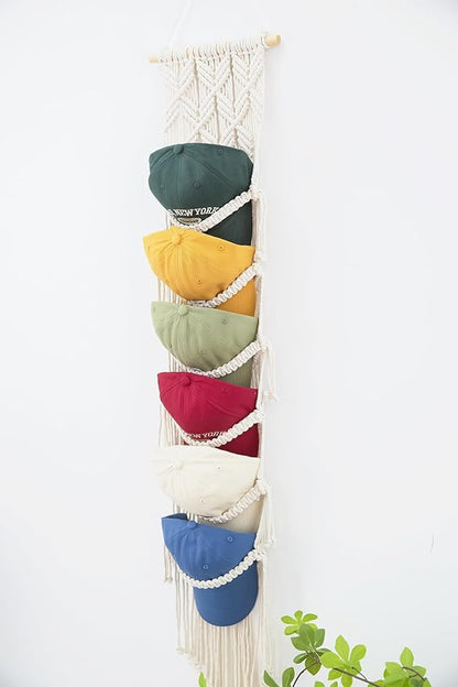 Macrame Cap Holder - Boho Hats Organizer, Six Hat Rack for Wall Mounting Decoration & Collection Display