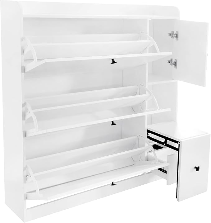 JIVOIT Modern Shoe Cabinet with 3 Flip Drawers and Cabinet, Free Standing Shoe Rack with Pull-Down Seat, Versatile 3-Tier Shoe Storage Organizer for Entryway Hallway (White 7)