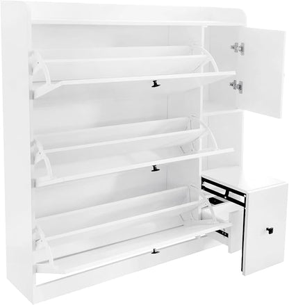 JIVOIT Modern Shoe Cabinet with 3 Flip Drawers and Cabinet, Free Standing Shoe Rack with Pull-Down Seat, Versatile 3-Tier Shoe Storage Organizer for Entryway Hallway (White 7)