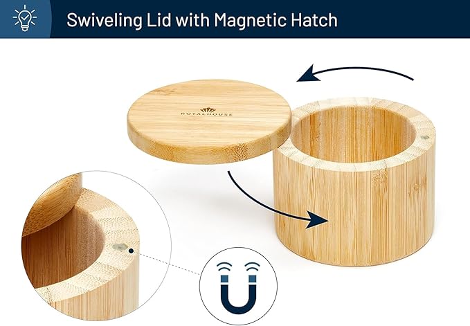 RoyalHouse Bamboo Salt Cellar Bamboo Storage Box with Magnetic Swivel Lid, 6 Ounce Capacity