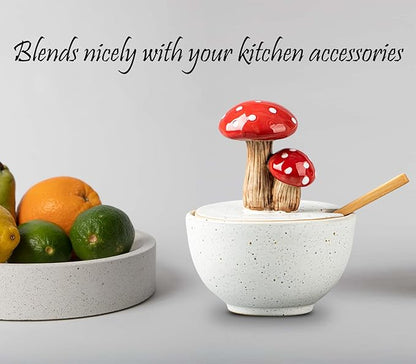 dgudgu Mushroom Salt Cellar With Lid Ceramic Salt Box White Salt Bowl Salt Container With Lid Salt Pig With Bamboo Spoon Salt Holder Salt Well Salt Keeper