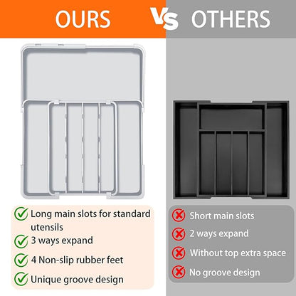 Spaclear Expandable Silverware Drawer Organizer - 7 Compartments BPA-Free Kitchen Utensil Tray, Adjustable 12.6”×9.5" to 19"×15.2", Cutlery Drawer Organizer, Gray