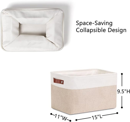 DULLEMELO Fabric Storage Bins, Storage Baskets for Organizing, Collapsible Rectangular Fabric Baskets for Shelves, Empty Gift Baskets (3-Pack Medium-15 inch X 11 inch X 9.5 inch , White&Khaki)