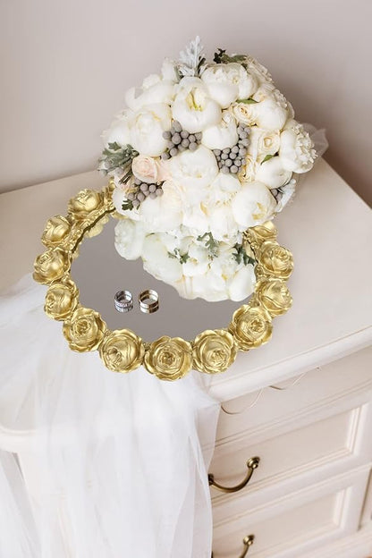 Vixdonos Decorative Round Mirror Tray Bathroom Vanity Tray with Gold Resin Rose for Perfume,Jewelry and Makeup