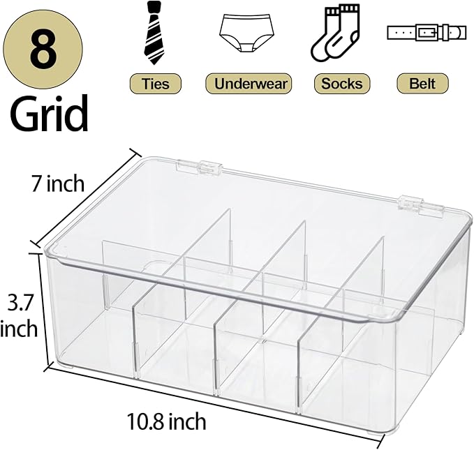 ZEXALOR Clear Tea Bag Organizer, Dresser Organizers Drawer Organzier Storage Container with Removable Dividers, Plastic Storage Bin with Lid, Organizer for Scarves Ties Bras